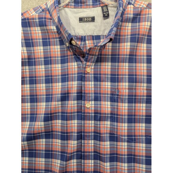 IZOD Shirt Mens 2XL Blue Orange Plaid Short Sleeve Button Down Stretch Pocket - Picture 2 of 10